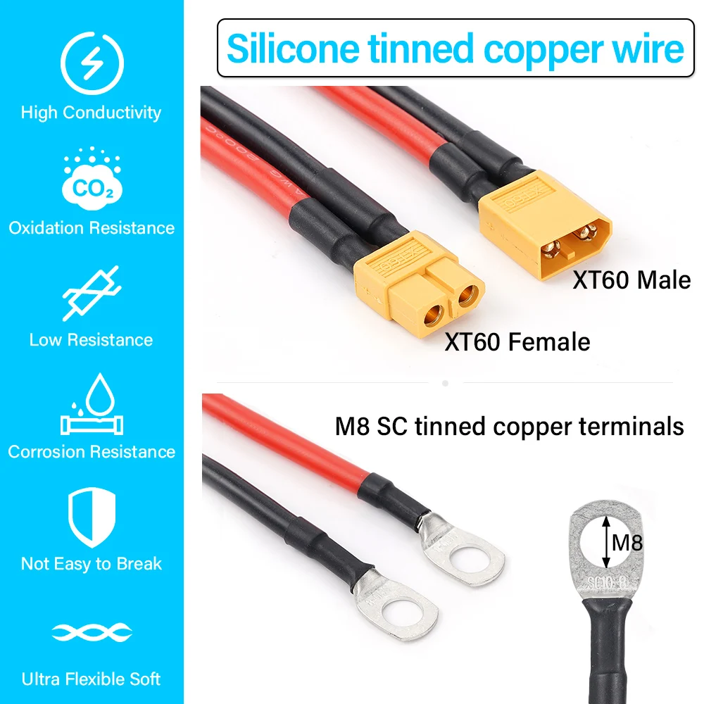 10AWG XT60 Female/Male to M8 O Ring Eyelet Terminal Plug Connector Cable Charger Side Power Wire for RC Lipo Battery FPV Racing