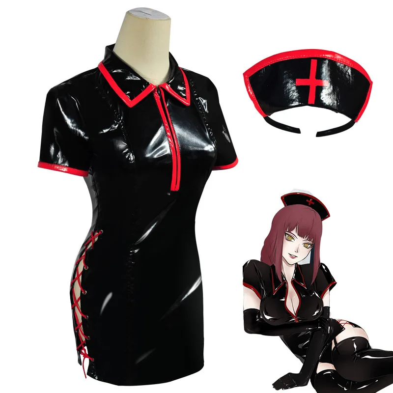 Anime Kettensäge Mann Cosplay Kostüm Makima Krankenschwester Uniform Künstliche PU Leder Kleider und Krankenschwester Kappe