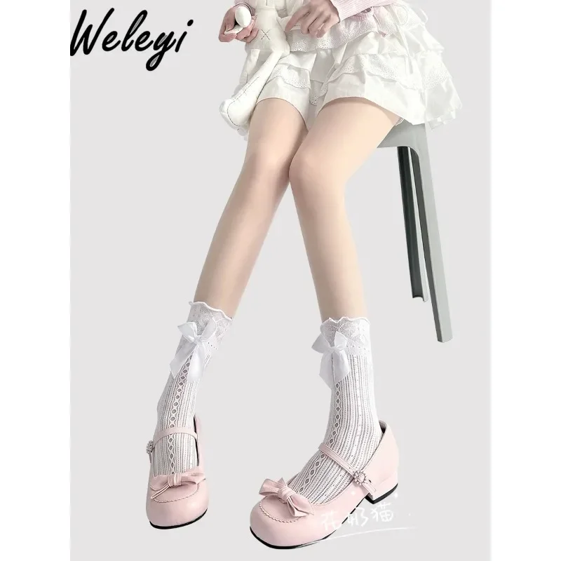 

Y2k Fashion All Match Lolita Socks Woman 2024 Summer New Thin Cute Japanese Style Ballet Style White Lace Mid Calf Bow Stockings