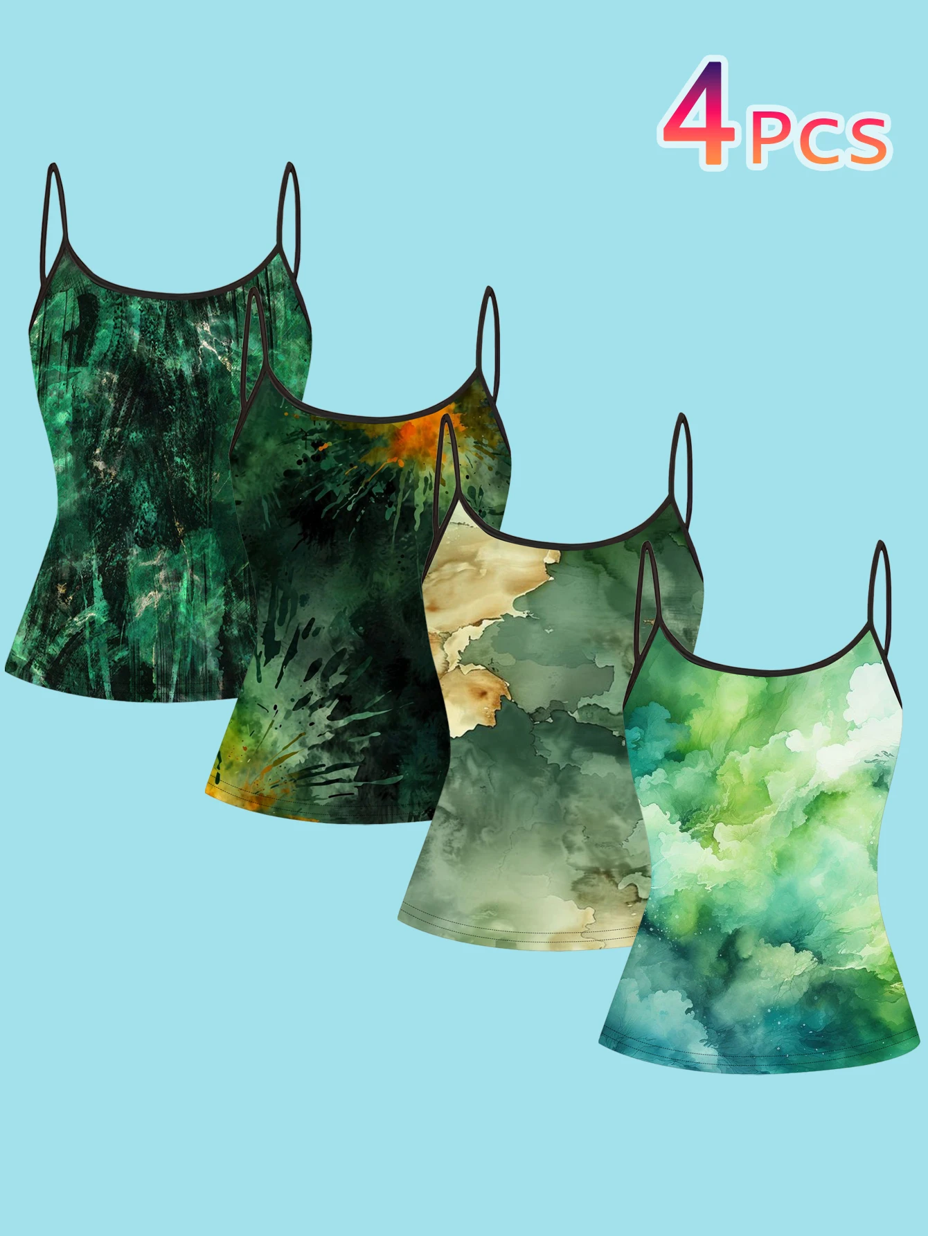 Set of Forest-Themed Ink Wash Green Watercolor Gradient Printed Spaghetti Strap Camisole Tops for Women, Niche Artistic Style, Slim Fit, Flattering, Can Be Worn as an Inner Layer or Outerwear