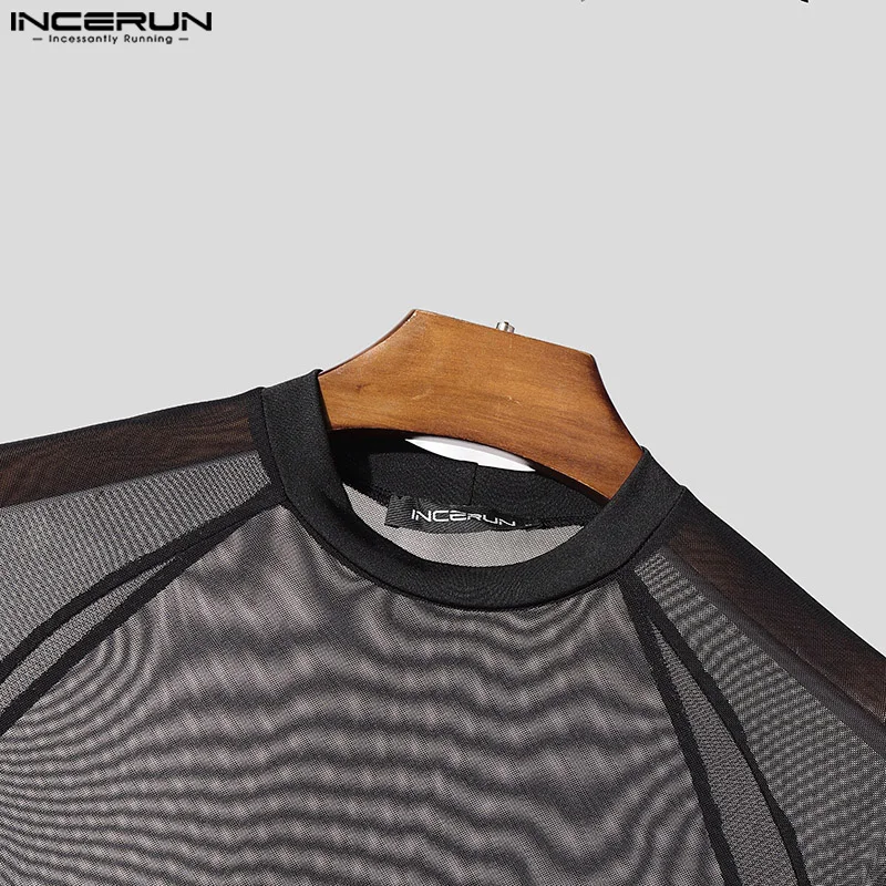 INCERUN الرجال داخلية الجوف خارج بلون شبكة انظر من خلال Playsuits الذكور السروال القصير مثير الدانتيل يصل ملابس بأكمام قصيرة ارتداءها