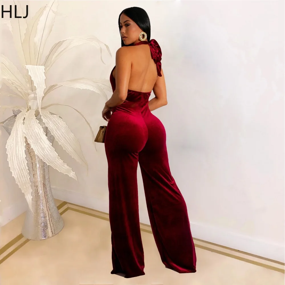 HLJ Retro Velvet Hollow Halter One Pieces Jumpsuits Women Backless Lace Up Wide Leg Overalls Elegant Lady Party Club Playsuits