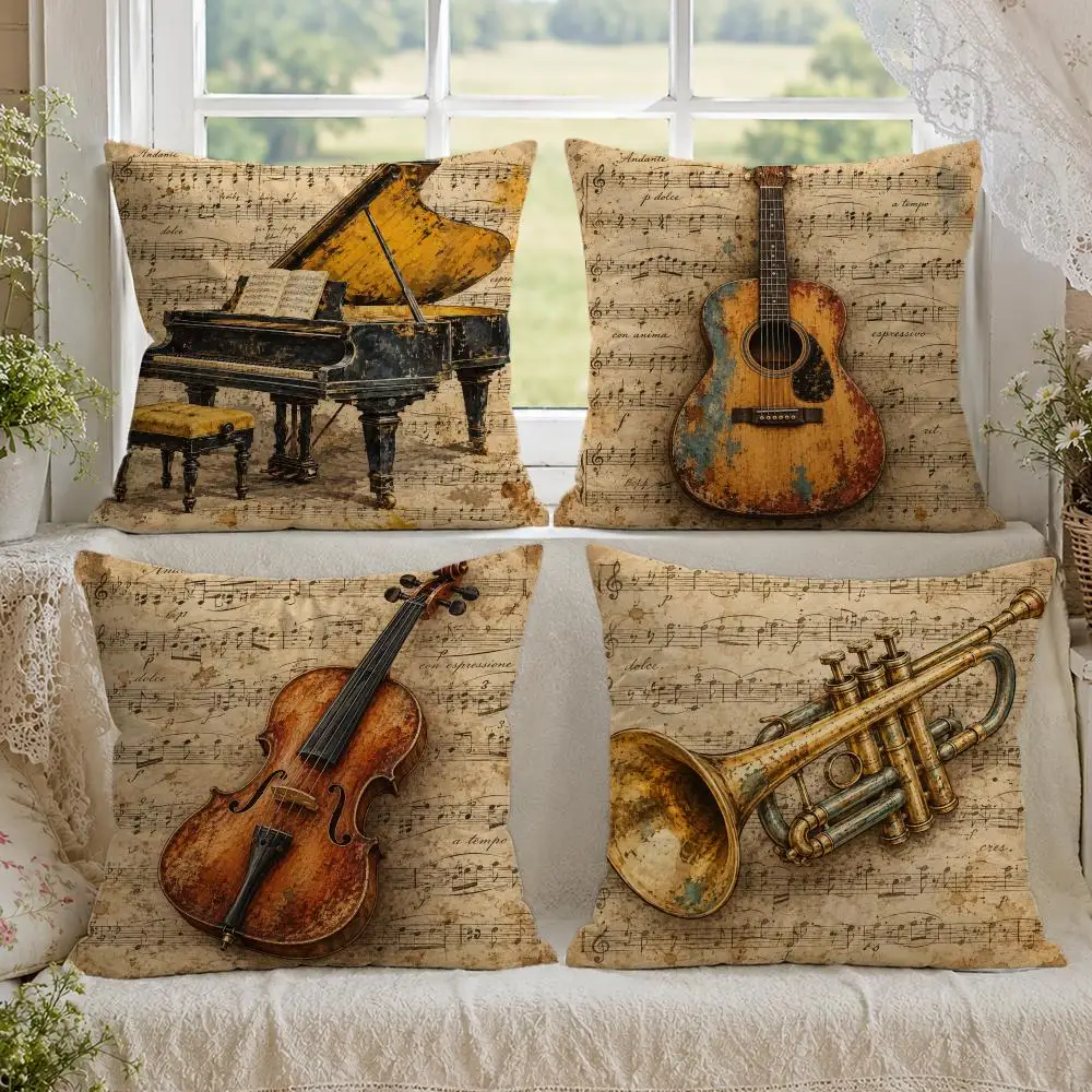 Musical Instruments Violin Trumpet Piano Cushion Cover 1/4PCS Linen Sofa Couch Bedroom Living Room Home Office Decor Pillow Case