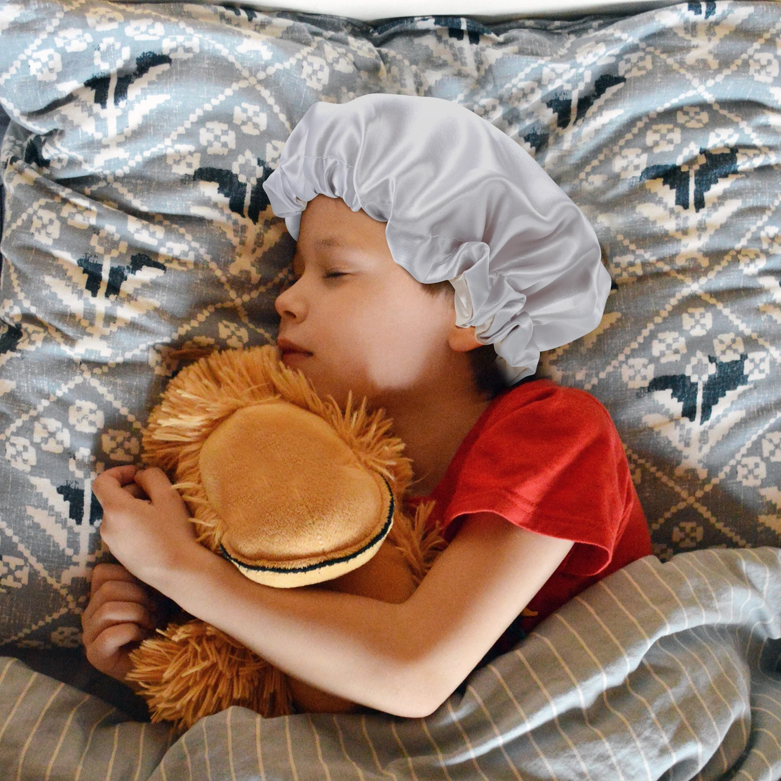 

Children Satin Waterproof Sleeping Hat Double-Layer Shower Cap Durable Soft Kids Hair Protector Bath Cap