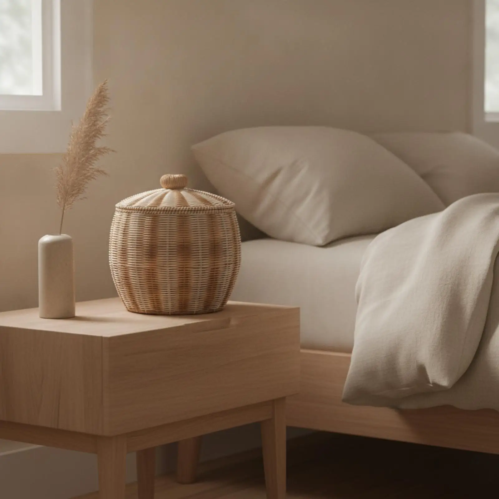 Faux Rattan Woven Storage Basket with Lid Pumpkin Shape Decorative Box for Bedroom Nightstand Organizer