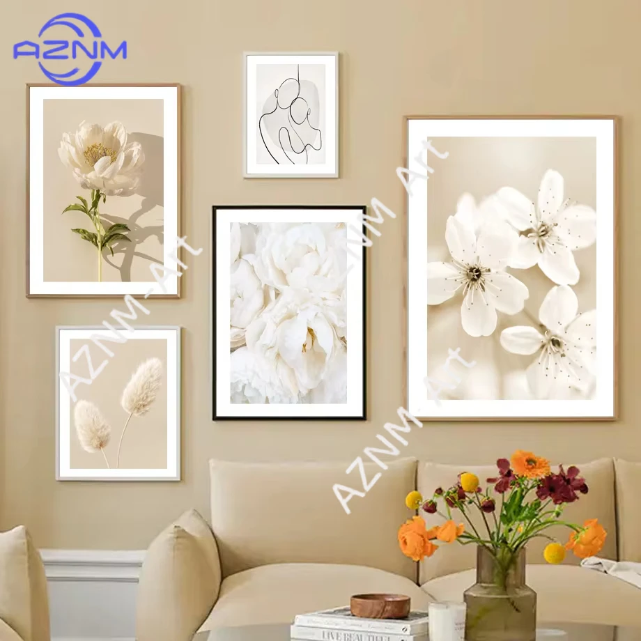 1 Stück Beige Pfingstrosen Rosen Blumen Linien Herbst Wandkunst Ästhetischer Druck Leinwandgemälde Poster für Wohnzimmer Moderne Heimdekoration