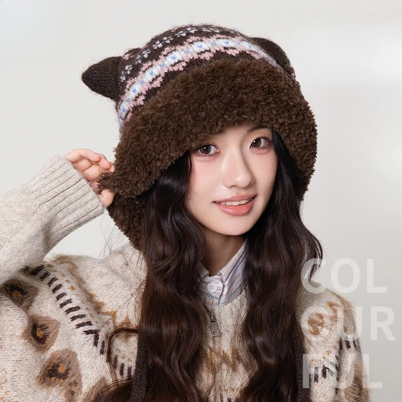 upgraded-version-of-thickened-plush-cartoon-cat-ears-jacquard-knitted-hat-women's-korean-retro-high-quality-outdoor-thermal-hat