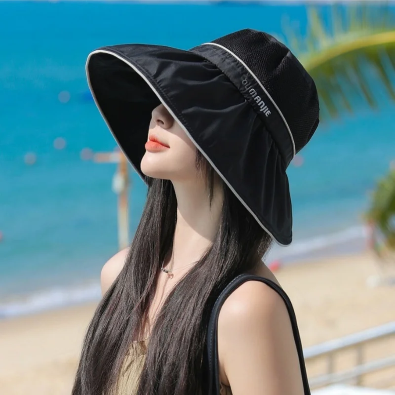 Sunscreen Hat Women Summer Outdoor Large Brim UV Breathable Sun Hat Foldable Korean Vinyl Fisherman's Hat Beach UPF50+ 56-58cm