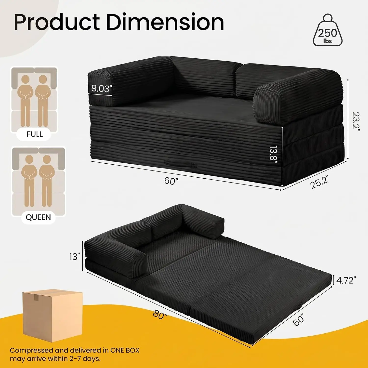 Convertible Sofa Bed, Tri-Folding Mattress Queen Futon Couch Bed, Boneless Sleeper Couch Bed with Removable Armrests & Washable