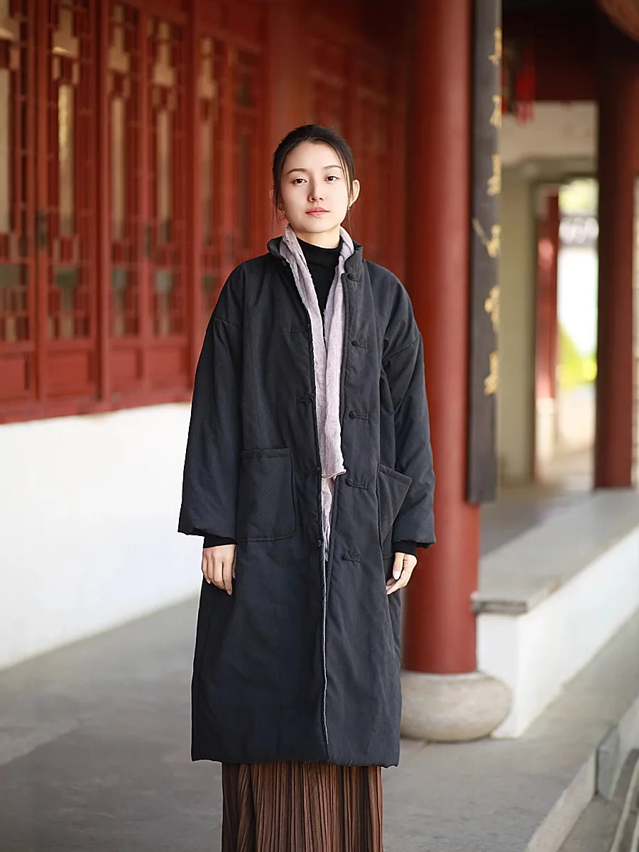 Vintage Harajuku 100% Cotton Coat Women Warm Autumn Winter Clothes Long Parkas Single-breasted Pockets Stand-up Collar Jackets