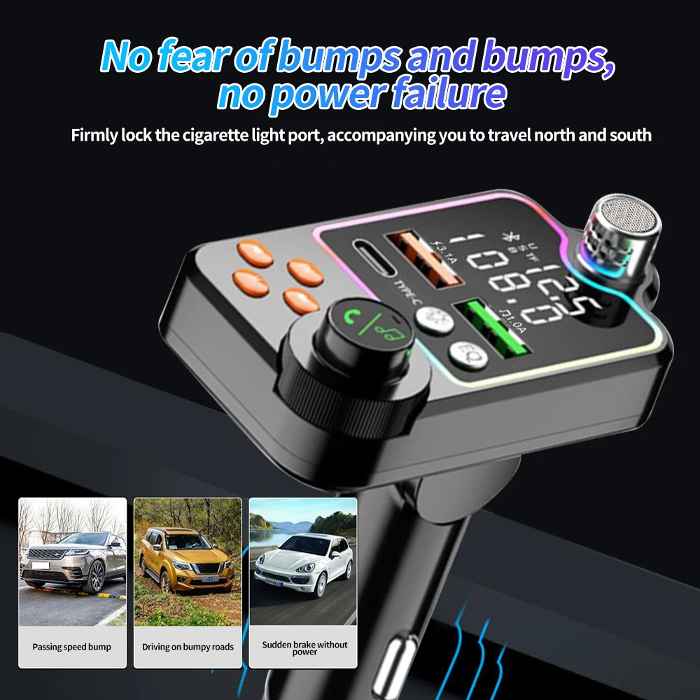 Bluetooth 5.0 Car FM Transmitter Dual USB Car Charger Type-C Fast Charging Wireless Handsfree Call Audio Receiver MP3 Player