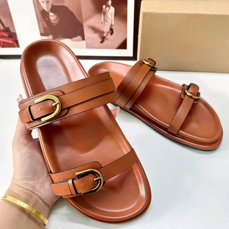 Brown Flatform Slippers Outdoor Sandals Women Round Head Open Head Thick Sole Slipper Leisure Buckle Strap Upper Shoes For Woman