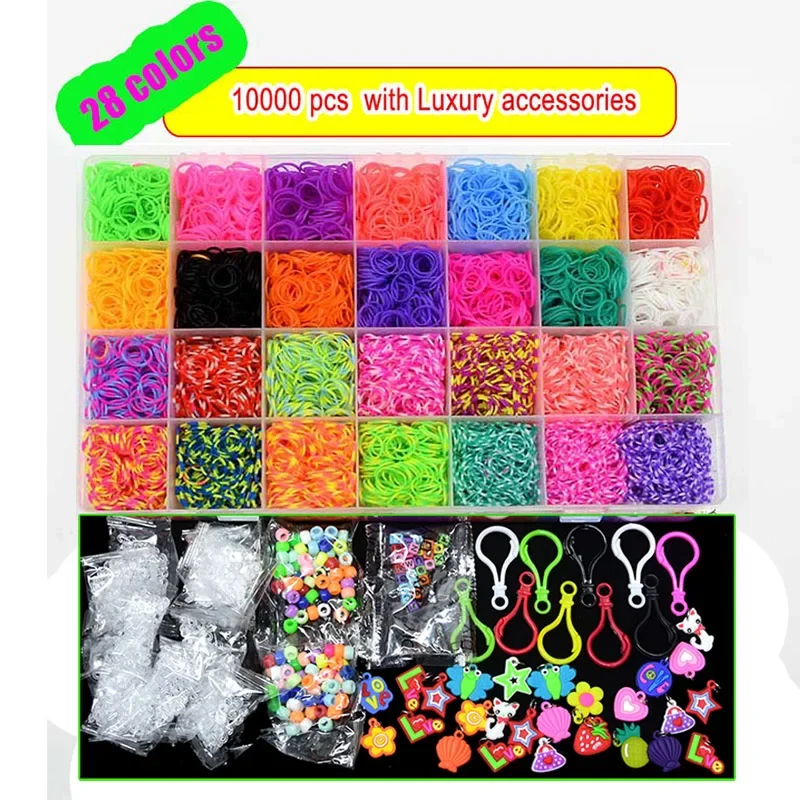 10000pcs Loom Rubber Bands Kits Beads Toys Set Hand Knitting Machine Handmade DIY Rainbow Weave Color Bracelet Girl Gift