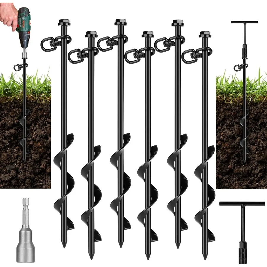 

6 Pack Heavy Duty Ground Anchors with T Handle Hex Wrench and Power Nut Driver for Securing Swing Sets Trampolines Tents and An
