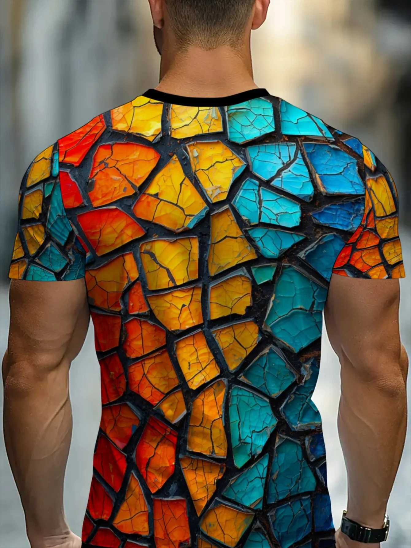 Herren-T-Shirt mit buntem Cracked-Mosaik-Print, schwarz, Rundhalsausschnitt, kurze Ärmel, Street-Casual-Oberteil – Detail 3