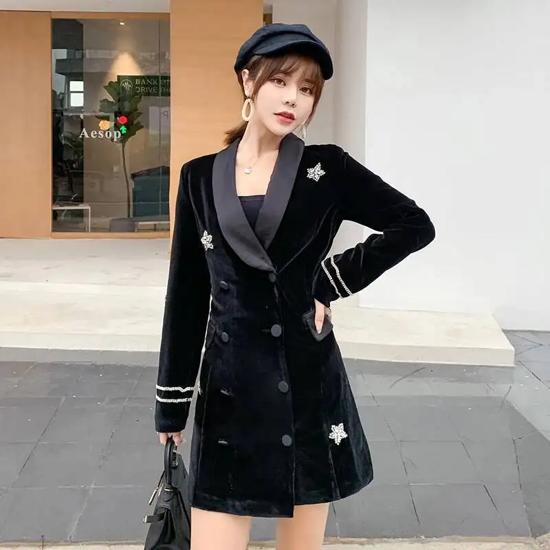 신상 벨벳 블랙 새틴 다이아몬드 스타 수트 드레스 여성 2025 가을 우아한 더블 브레스티드 긴 소매 오피스 드레스