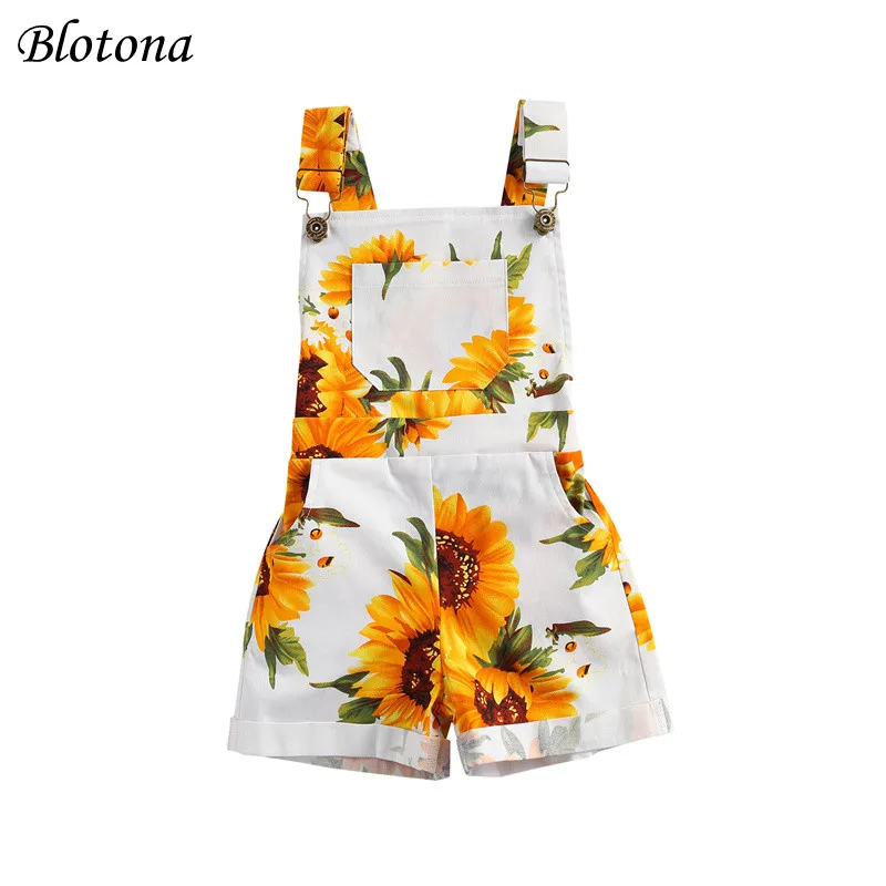 Blotona Kids Girls Overalls Pants Summer Sunflower Print Square Collar Suspender Shorts with Pockets for Party