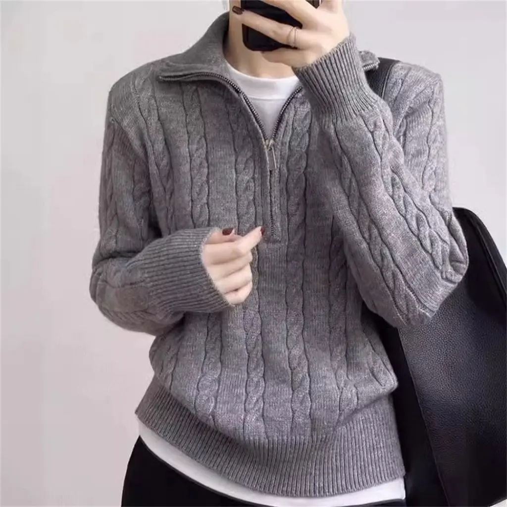 

Women's Korean Style Solid Color Lapel Twist Sweater Casual French Style Polo Collar Zipper Shirt Fashion Autumn Winter