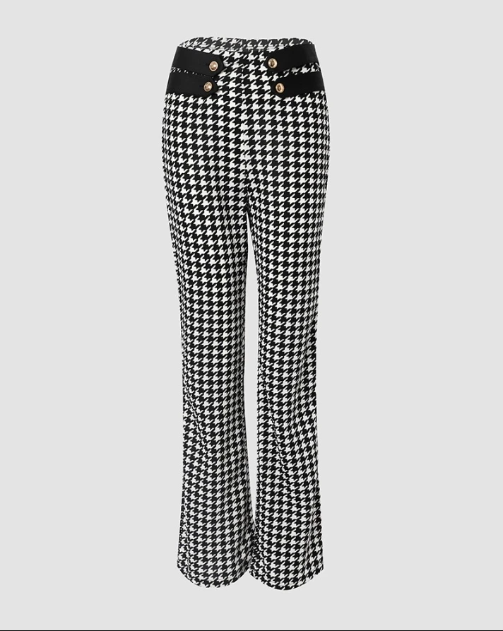 Elegant Women\'s Pants 2024 Spring Fashion Houndstooth Print Buttoned High Waist Wide Leg Casual Long Work Tailored Pants