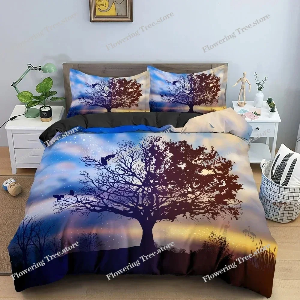 

3D Landscape Duvet Cover Bedroom Decor Luxury Bedding Set Tree Silhouette Against Sunset Sky Quilt Cover King Twin Single