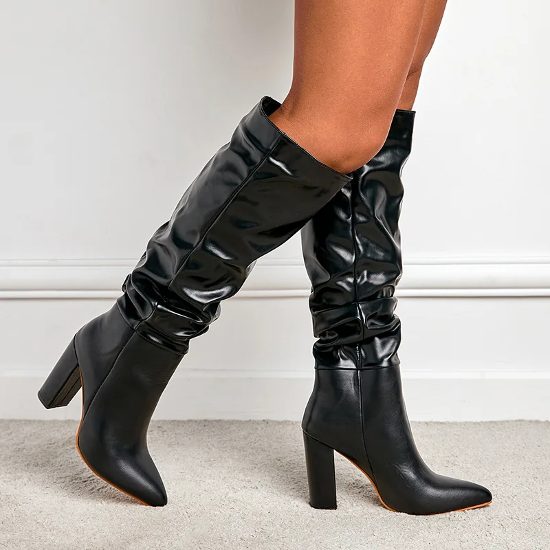 

Tall boots for women in winter 2025, new large black mesh fashion pointed women's boots with thick heels and long boots