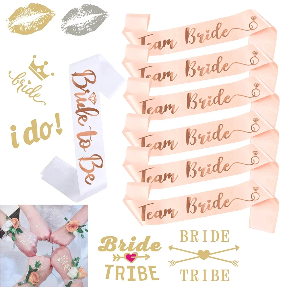 

1Set Bride To Be And Team Bride Satin Sash Wedding Decorations Engagement Bridal Shower Tattoo Stickers Bachelorette Party Decor