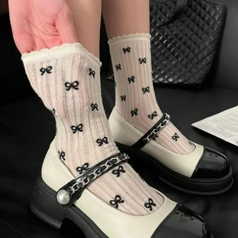 1/4pairs Thin Breathable Summer Women Bow Socks Korean Fashion Solid Color Loose Long Socks Japan School Girls Grey White Socks image 3