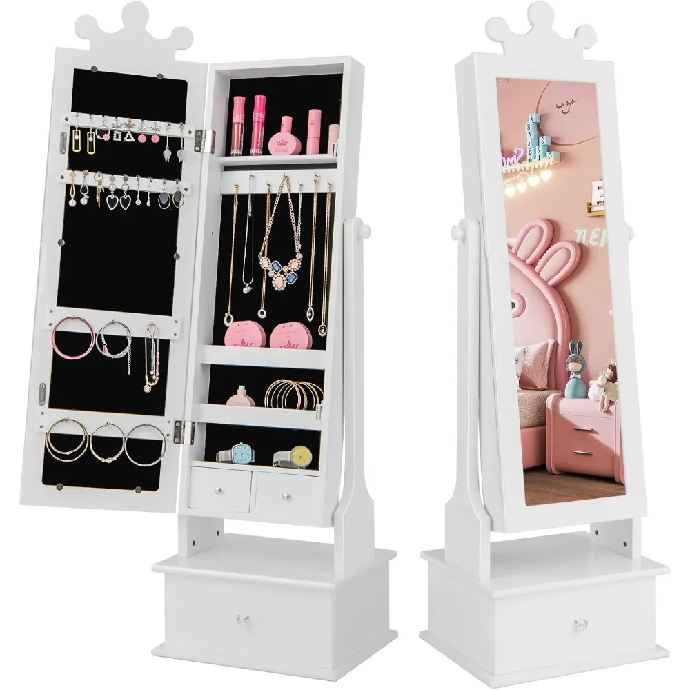 

Jewelry Armoire Cabinet, 2-Angle Tilting Wooden Standing Jewelry Organizer with Full-length Mirror and Storage