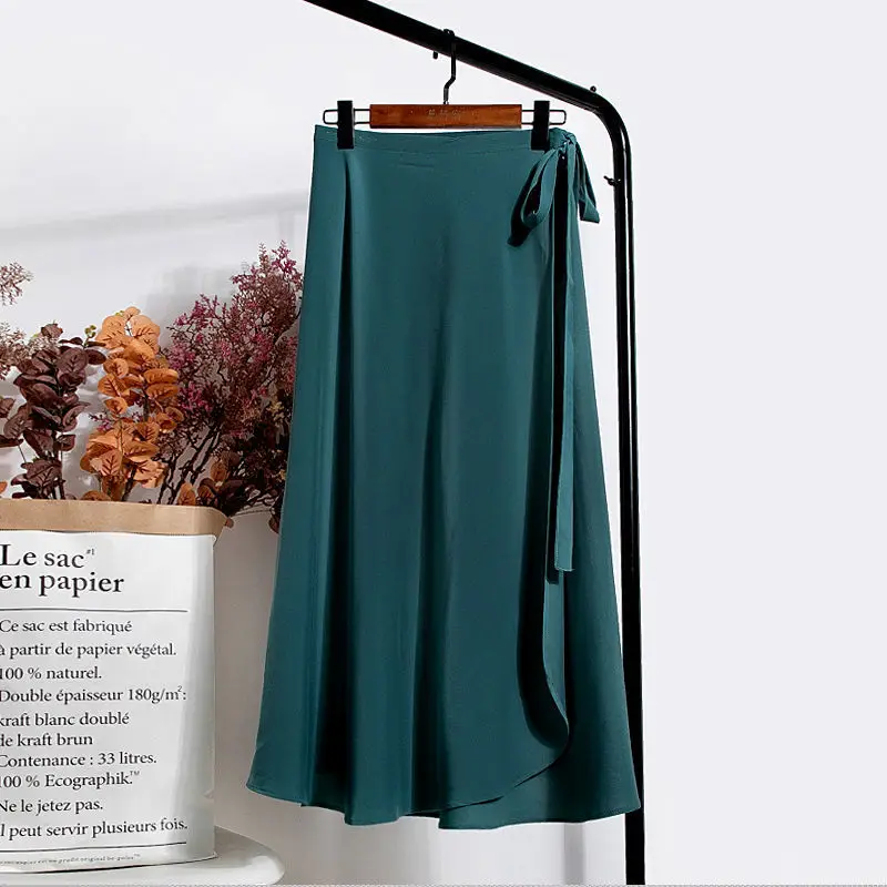 High Waist One Piece Asymmetrical A- Line Wrap Beach Skirt for Women Polyester Fiber Knot Long Skirt Slimming Effect H2