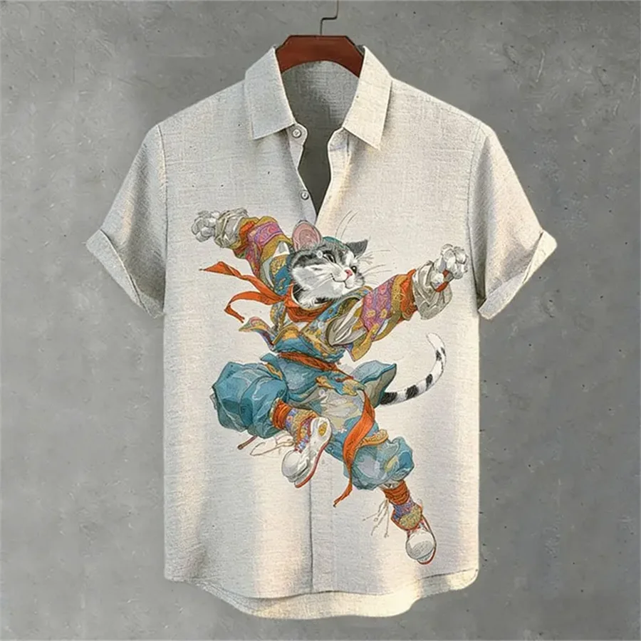 

Fashion trend, digital printed cat pattern, street outdoor, high-quality and comfortable linen men's short sleeved shirt