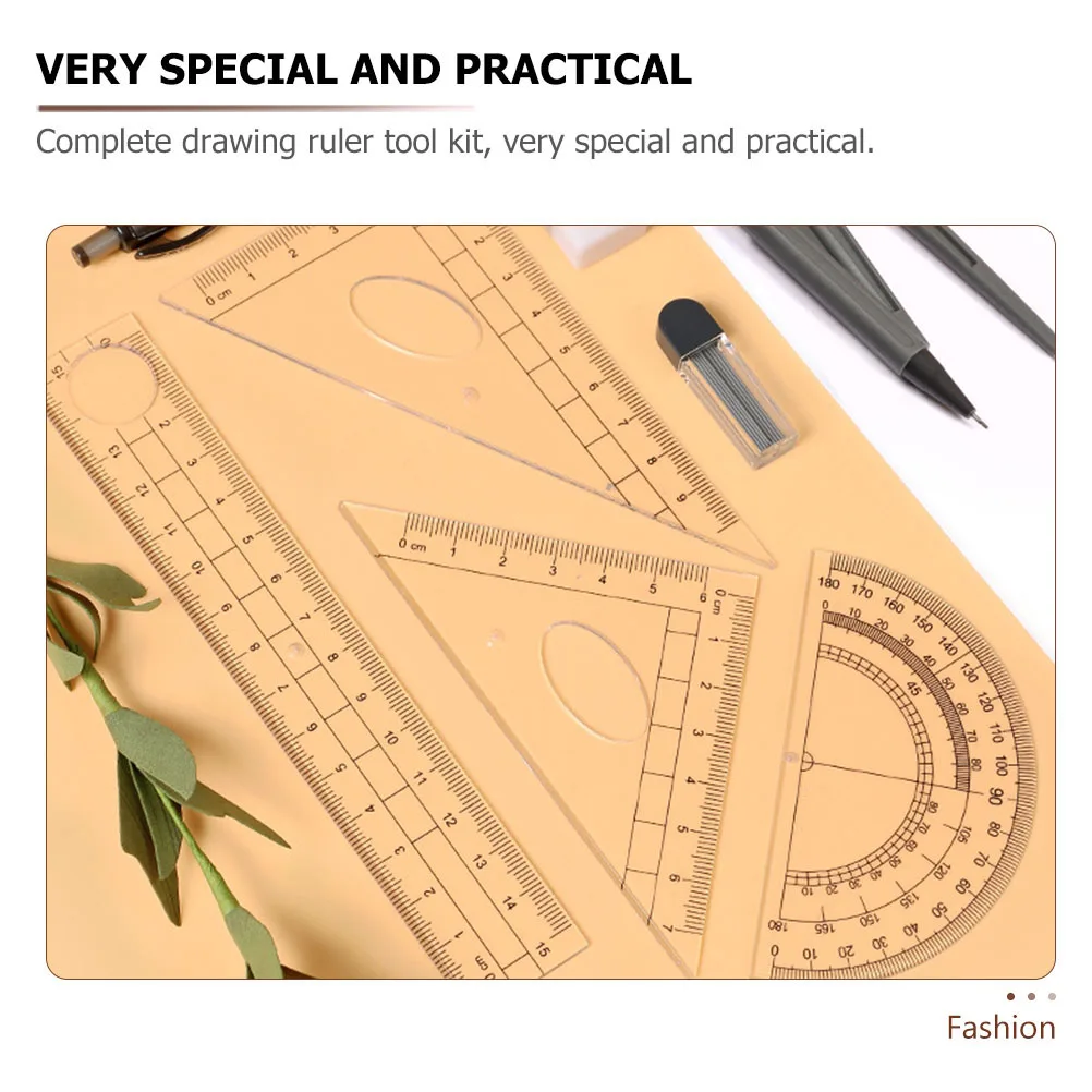 8pcs Drawing Supplies Set Plastic Alloy Compass Ruler Drafting Tools Stationery Kit Geometry Math Tool Eraser Practical