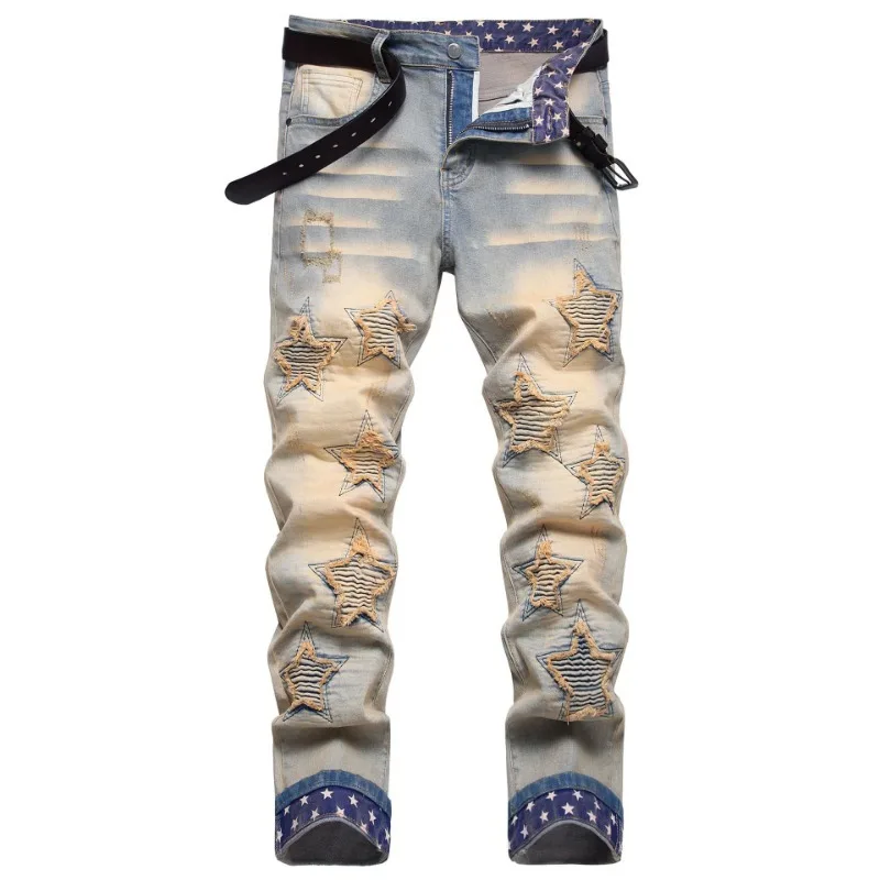 2024 Ripped Hole Destroyed Punk Hip Hop Jeans Men Washed Vintage Brushed Stacked Denim Pants