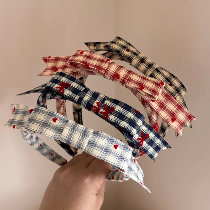 Korean retro love plaid bow headband headband high cranial top temperament versatile hairpin headgear new model
