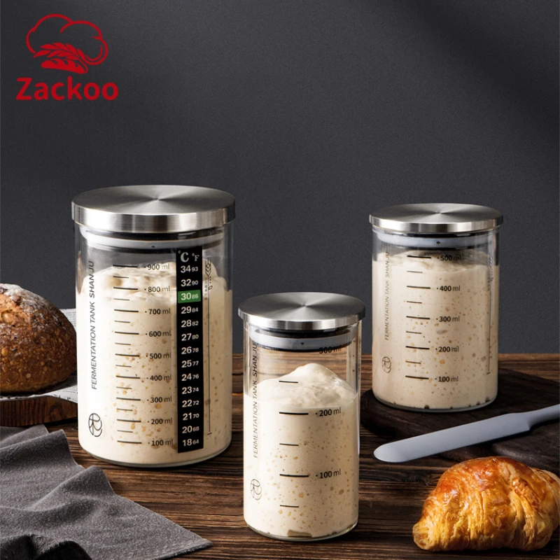 Zackoo 체중계 금속 뚜껑이 있는 투명 유리 사워도우 발효 항아리, 재사용 가능 반죽 스타터 용기, 식품 보관, 300 ml, 500 ml, 900ml 
