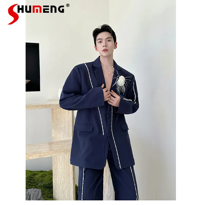 

Men's 2025 Autumn New 2pcs Retro Pearl Decoration Embroidered Shoulder Pad Suit Jackets High-end Wide-leg Pants Two-piece Sets