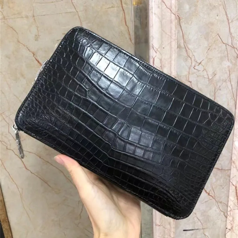 

Authentic Exotic Crocodile Skin Male Large Card Purse Men Black Clutch Genuine Alligator Leather Business Style Wristlets Bag