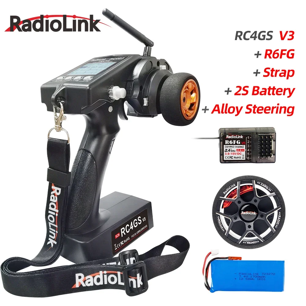 

RadioLink RC4GS V3 2.4G Remote Controller Transmitter with Alloy Steering 2S Lipo Battery 1700mah for Car Boat RadioLink R6FG