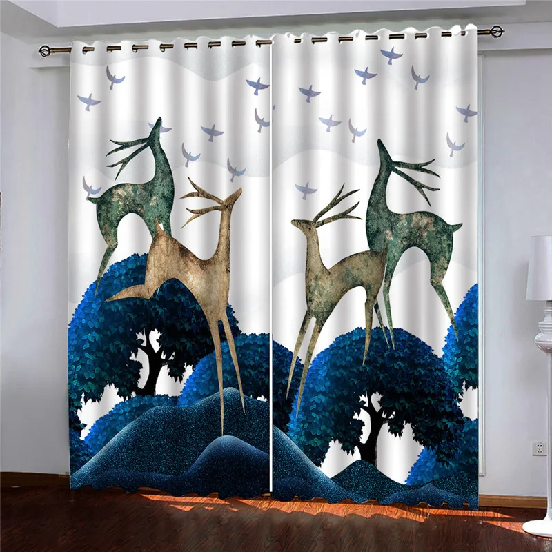 HUANZHUANG Luxury Curtains For Living Room Abstract Forest Elk Tasteful Modern Fashion 2 Pieces Winodw Curtain For Bedroom