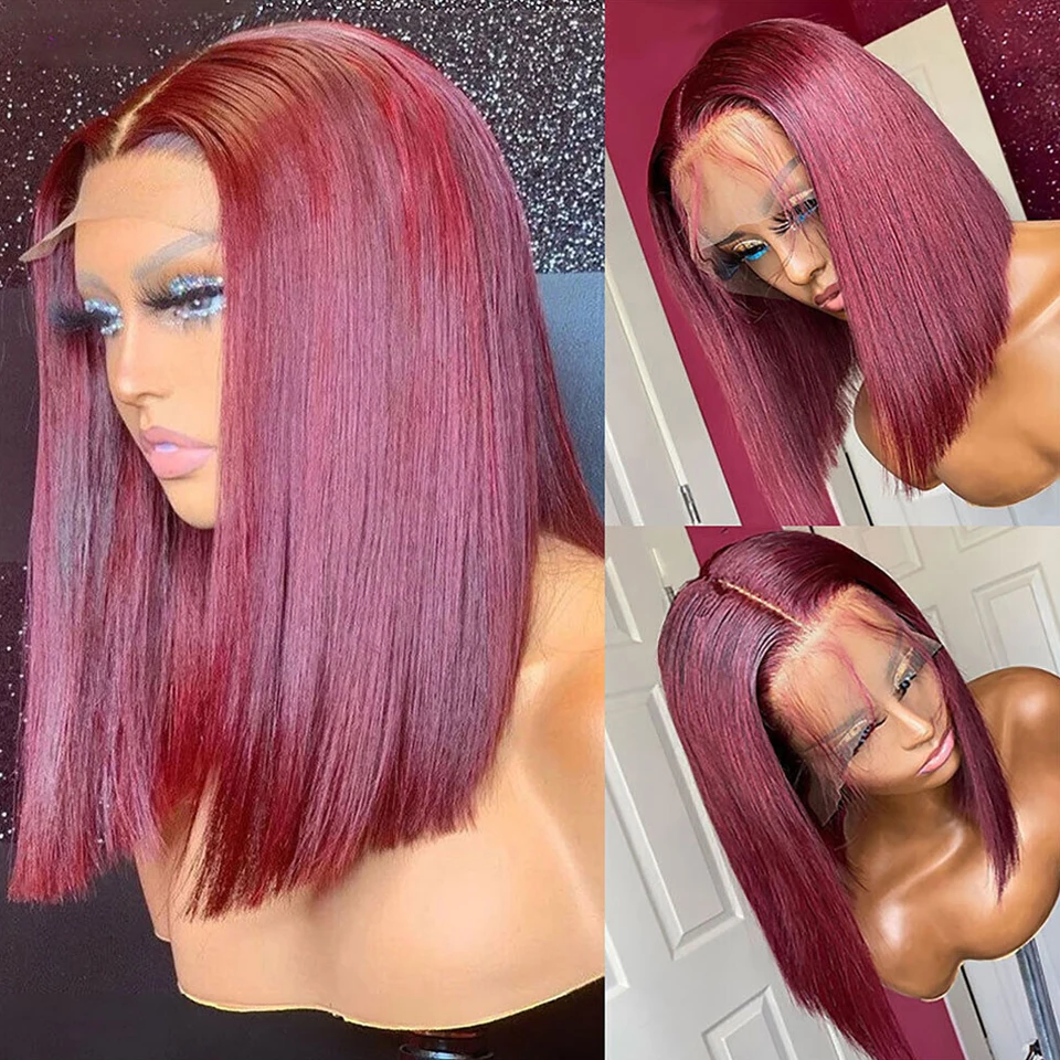 Straight Short Bob Human Hair Wig For Women Blunt Cut Bone Straight Lace Frontal Wigs Burgundy 99J Lace Front Bob Wig Straight