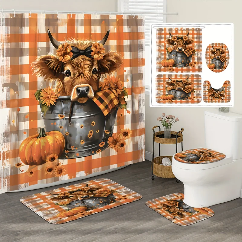 Farmhouse Highland Cow Fall Shower Curtain Set with Pumpkin and Sunflower, Orange Plaid Bath Mat, U-Shape Toilet Cover, Waterpro