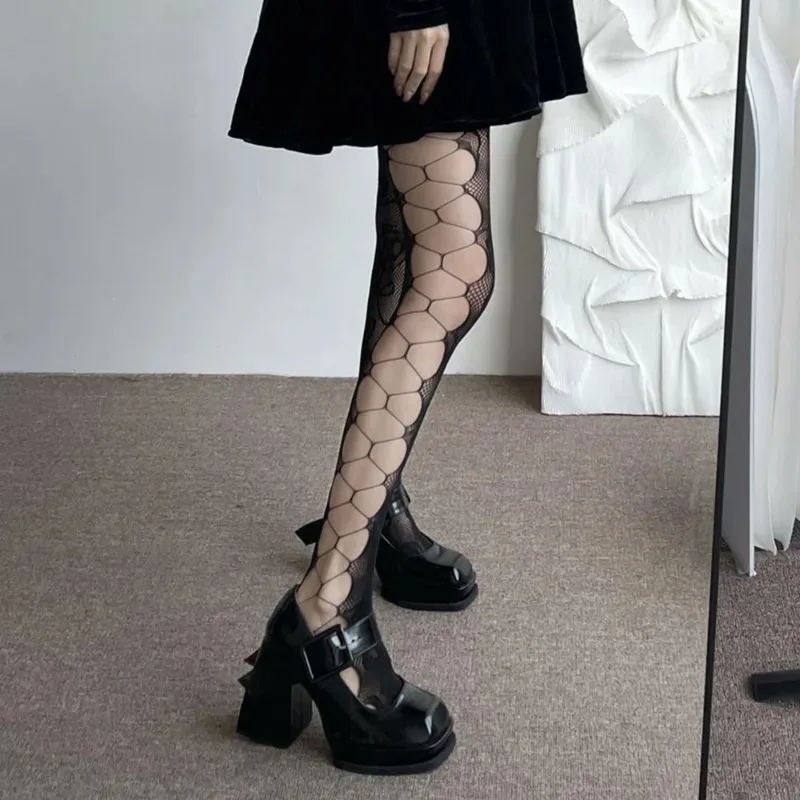 Sexy Fishnet Sock Women Girl Black White Rose Lace Side Hollow Out Jacquard Stockings Soft Comfortable Ultra-Thin Tight Stocking