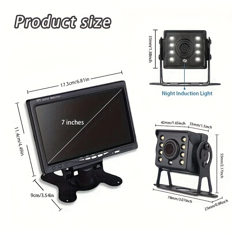 Bus Truck Trailer Car Reverse Backup Camera Kit with 17.78cm TFT LCD HD Color Monitor - 8 LED, Suitable for All Vehicles