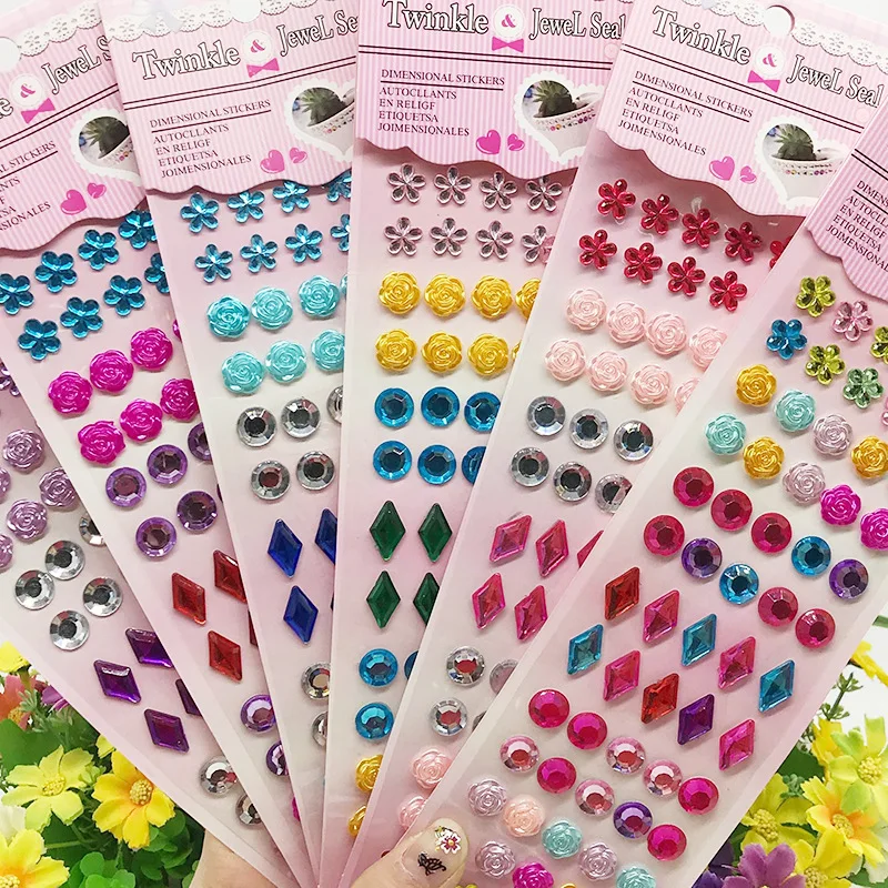 

3D Acrylic Crystal Gem Stickers DIY Make Up Decoration Rose Flower Star Rhinestone Twinkle Jewel Sticker For Children Kids Girls