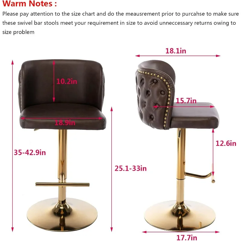 PU Leather Swivel Bar Stools Set of 4 Height Adjustable Counter Stool Button Tufted Wingback Dining Barstool Chairs, Metal Leg