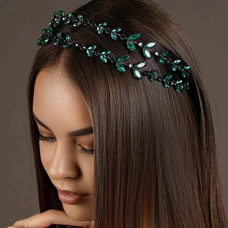 Stonefans Fashion Green Crystal Headband Leaf Hair Accessories for Women 2023 Bridal Tiara Rhinestone Headband Wedding Jewelry