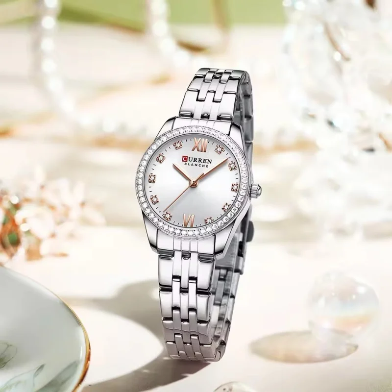 CURREN 9086 Women's Fashion Simple Watch Stainless Steel Strap Women's Water Diamond Dial Slim Fit Watch Luxury Leisure Gift