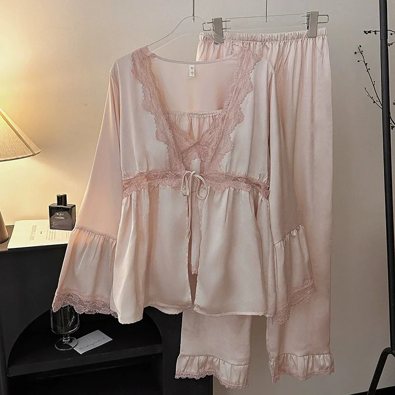 

Princess Style Home Clothes Nightwear Sexy Sleeveless Top&pants Casual Outwear Lady Sexy Lace Trim Trousers Suit 3Pcs Sleepwear
