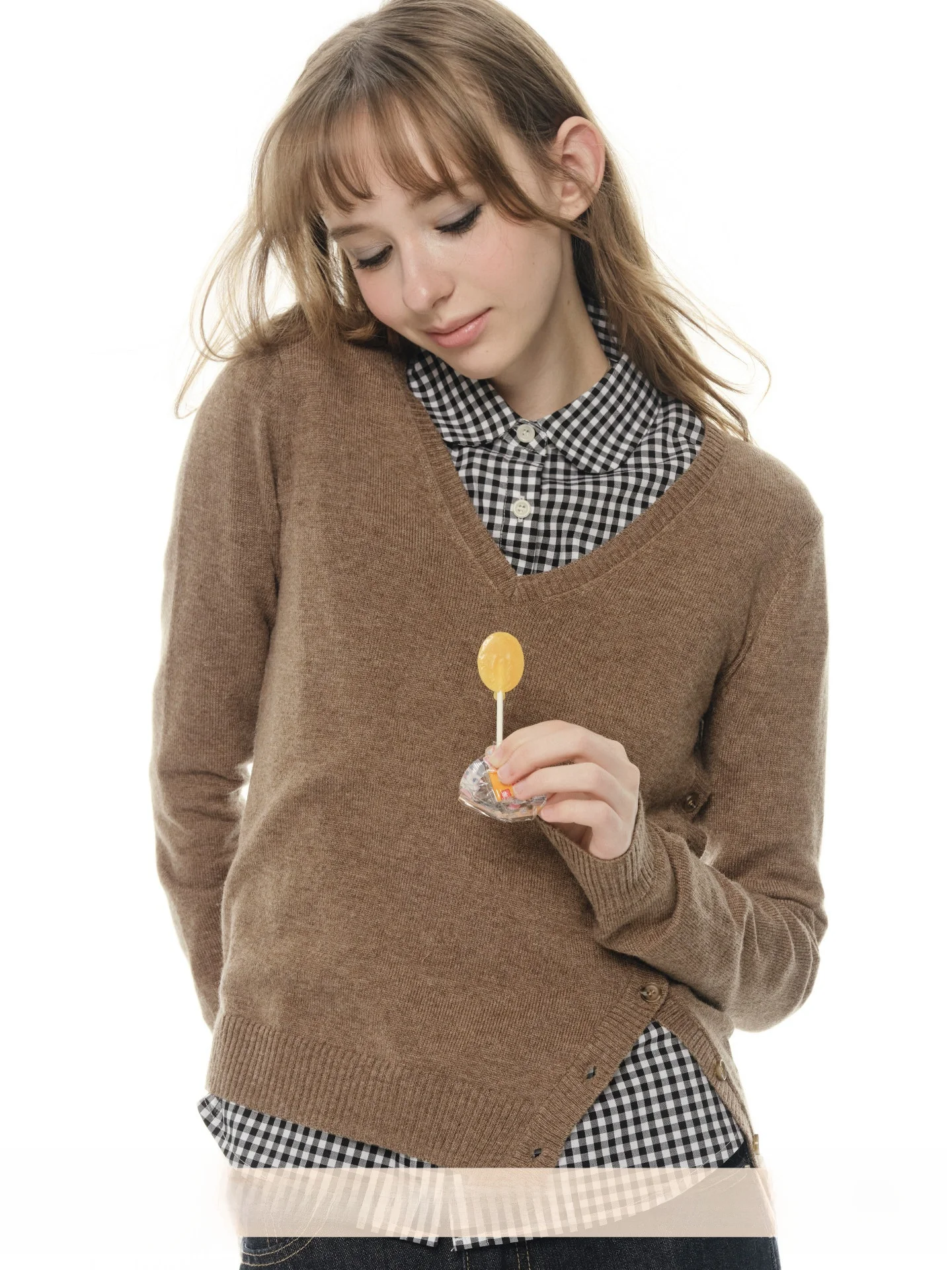 

UNRETRO Women's Slim Fit V-Ne Knitwear Wool Blend Coffee Color Side Slit Base irt Casual Sle Polyester Fiber Nylon