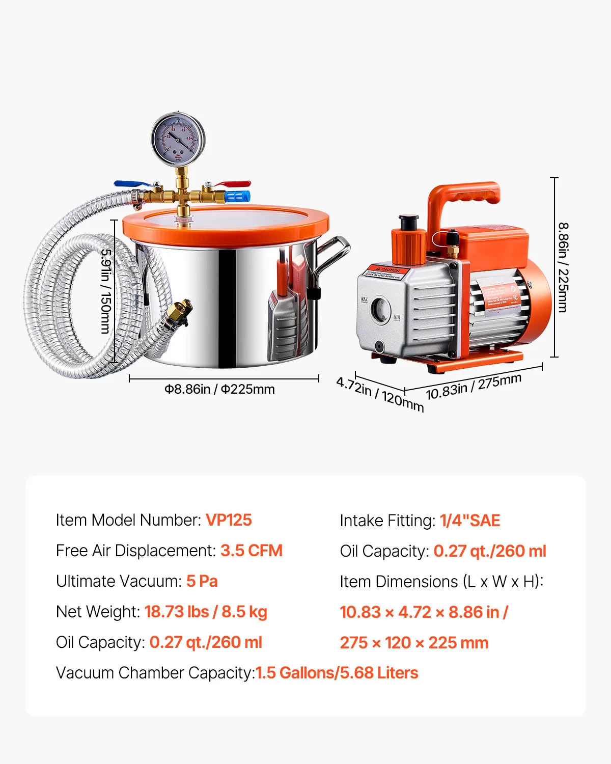 SucceBuy 1,5/3/5 gallon vacuümkamer en 3,5CFM eentraps pompset met 4,92ft slang voor ontgassing van harssiliconen epoxy's