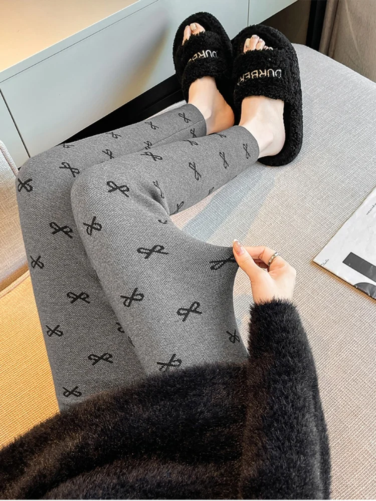 SMTHMA โบว์พิมพ์ถักเลกกิ้งสำหรับผู้หญิงฤดูใบไม้ร่วงฤดูหนาว 2025 ใหม่เอวสูงรัดรูปยืดหยุ่นสำหรับสวมใส่ด้านนอก